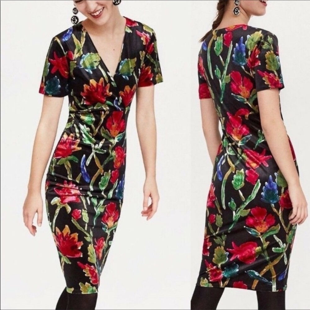 Zara velvet floral print black bodycon midi dress Small NWT new Zara Trafaluc